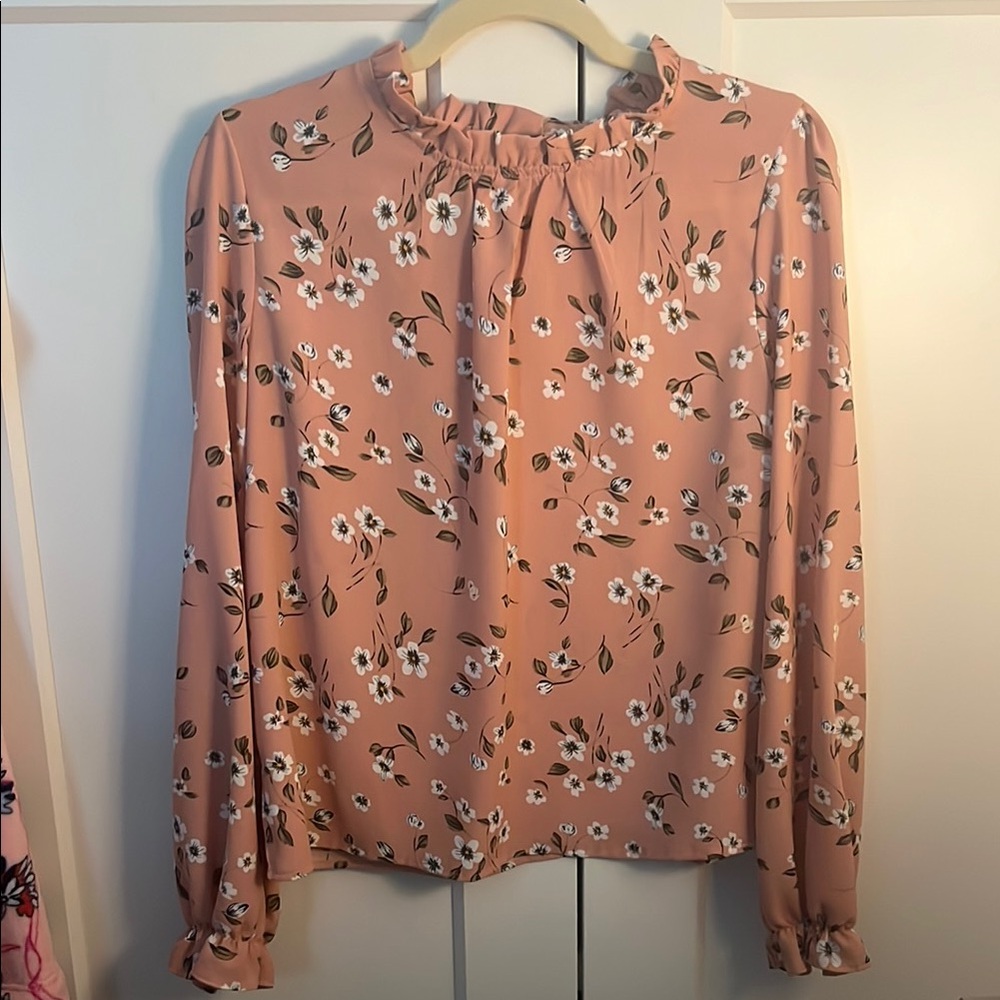 Ruffled Pink Blouse with Bishop Sleeves and Bib Collar